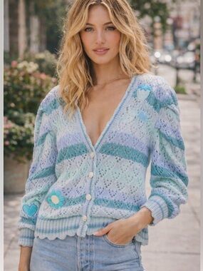 LoveShackFancy Brody Oversized Striped Eyelet Cardigan - Lambswool/Cotton Blend